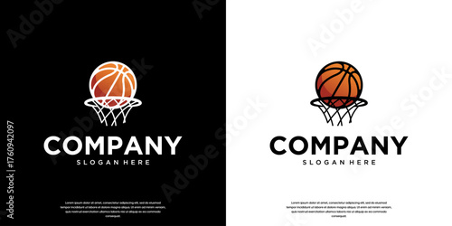 basketball logo with ball and hoop concept, championship competition, graphic design illustration.