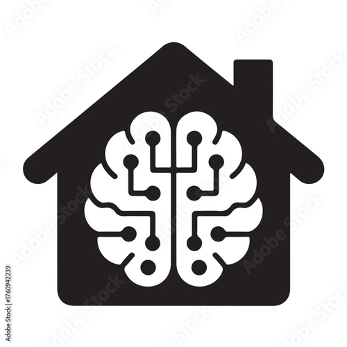 Smart home technology with brain inside house isolated on white background for automation and artificial intelligence