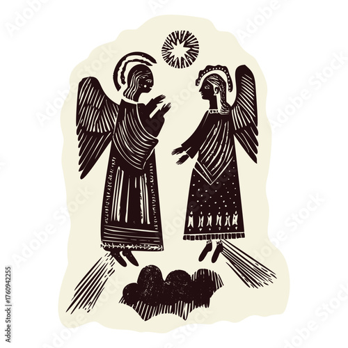 Hand drawn angelic messenger for christian christmas card design. Black and white isolated vector motif of guardian angel with star of bethlehem for faith based block print illustration.