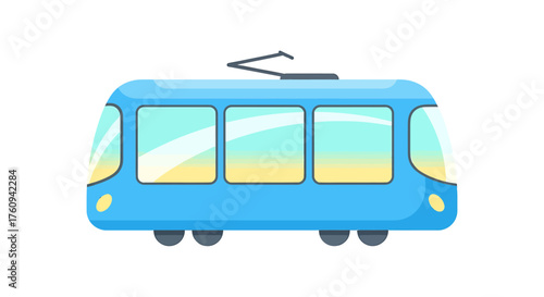 Cartoon illustration of a blue tram or streetcar with a pantograph, a public transport vehicle for urban travel.