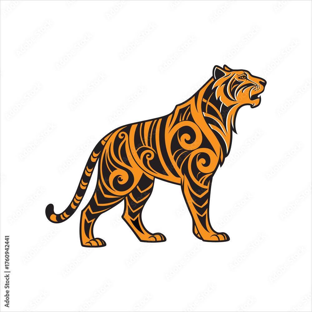 Obraz premium Tribal Tiger Illustration in Orange and Black on White Background