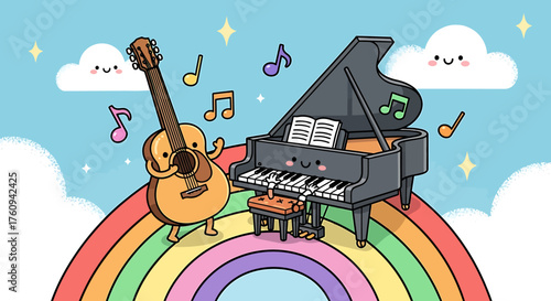 A cheerful cartoon grand piano and acoustic guitar stand on a rainbow with musical notes and happy clouds in a bright blue sky.