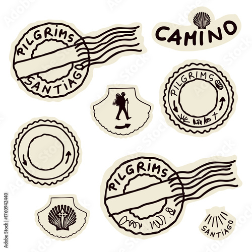 Set of Camino Santiago de Compostela pilgrim passport badges. With St James way Shell, cross, scallop icon for European pilgrimage journey route in Spain. Isolated on white background travel symbol