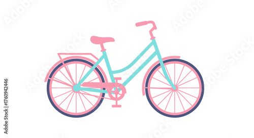 A classic step-through bicycle illustrated in a pastel color palette of pink and turquoise, isolated on a white background.