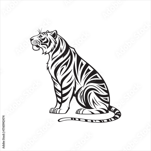 Sitting Tiger Illustration – Black and White Tribal Vector Design