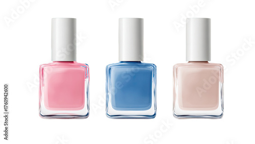 Three square nail polish bottles, in shades of pink, blue, and beige.  Each bottle has a white cap