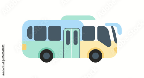 A colorful, flat design illustration of a cartoon bus with light blue, mint green, and yellow sections, featuring windows, doors, and wheels.