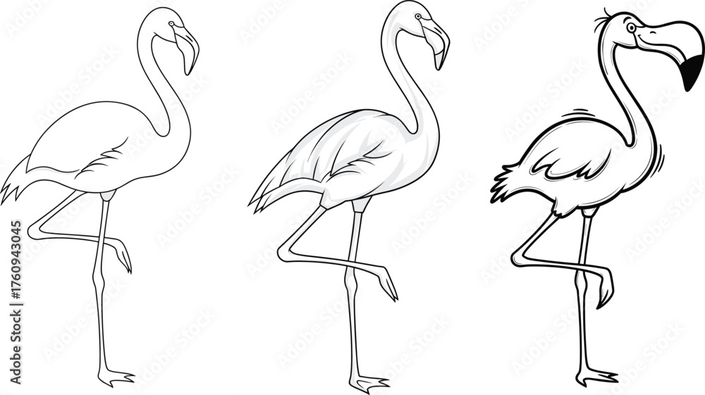 Obraz premium Elegant flamingo vector illustration set showing standing tropical birds in line art, realistic, and cartoon styles for creative design