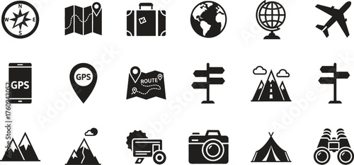 Travel and exploration icons symbolizing adventure planning and discovery vector illustration
