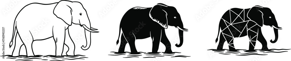 Fototapeta premium Elephant vector illustration set, geometric, silhouette, and outline wildlife design for logo, tattoo, safari, and nature art collection