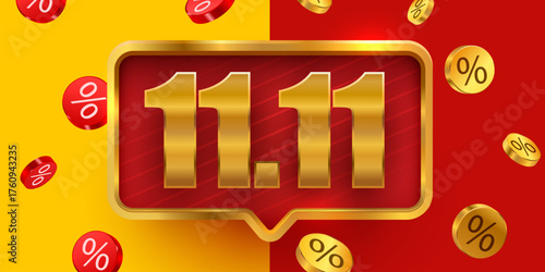 11.11 Sale Day Promotional Banner. Eye-catching background for discount events with golden numbers and percentage coins. Vector illustration