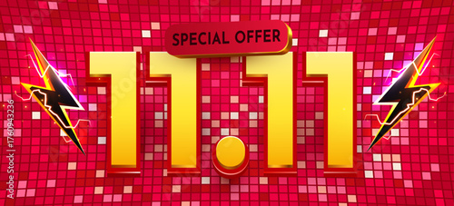 Vibrant 11.11 Special Offer with golden numbers and lightning bolts on a dynamic red pixel background. Vector illustration