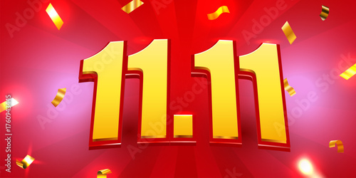 11.11 Global Shopping Festival Sale. Vibrant banner for big promotion with flying golden confetti. Vector illustration