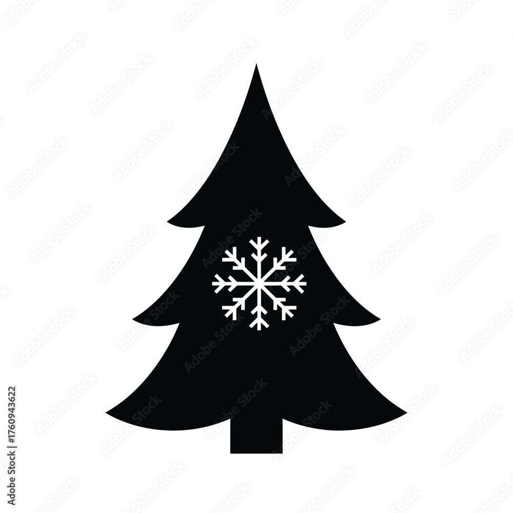 Obraz premium Black Christmas tree silhouette with white snowflake