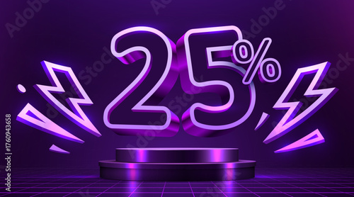 Glowing 25 discount with neon lightning on a dark stage. Modern sale promotion. Vector illustration.