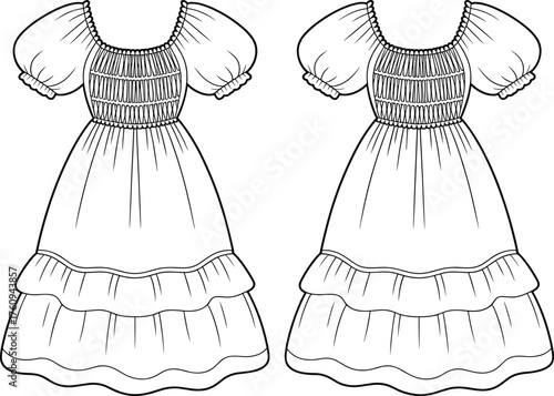 Puffed sleeve dress design, smocked bodice garment sketch, ruffled layered skirt illustration, fashion technical drawing, sewing pattern reference, clothing construction guide