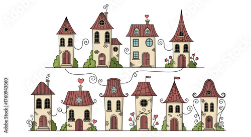 Charming collection of whimsical fairy tale houses with playful architectural details and floral embellishments.