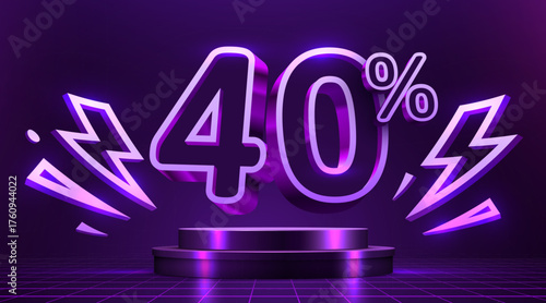 Glowing 40 discount with neon lightning on a dark stage. Modern sale promotion. Vector illustration.