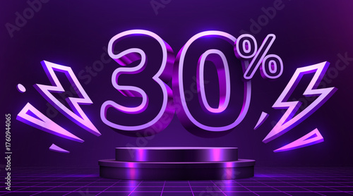 Glowing 30 discount with neon lightning on a dark stage. Modern sale promotion. Vector illustration.