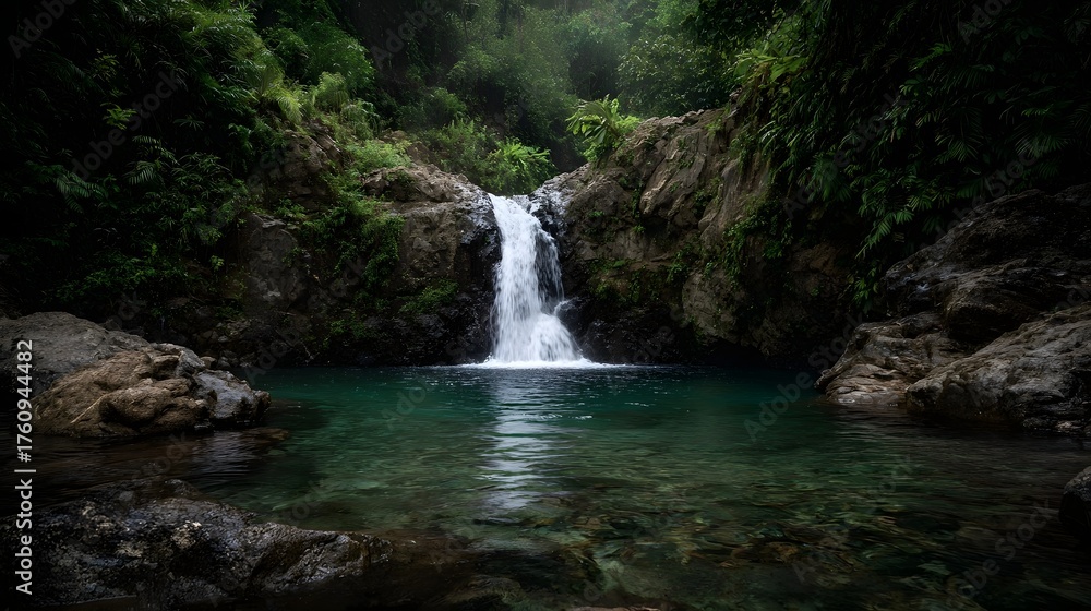 Fototapeta premium A secluded jungle waterfall cascades into a clear tranquil pool surrounded by lush greenery