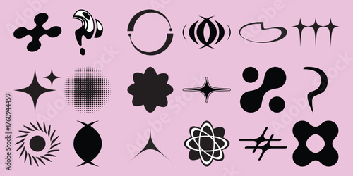 Collection of Abstract Black Shapes and Symbols on a Pink Background