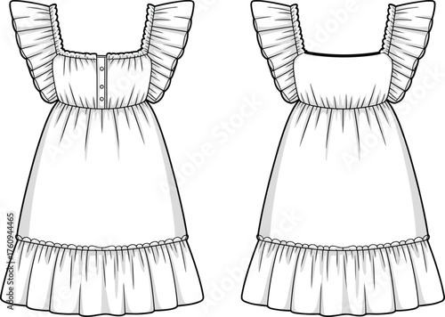 Ruffled strap dress design, button front bodice detail, gathered waistline garment sketch, flared skirt with ruffle hem, sewing pattern illustration