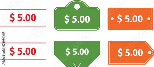Set of Colorful Price Tags with $5.00 Value, Red, Green and Orange Design on White