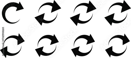 Set of Different Black Arrow Icons in Circular Motion on White Background