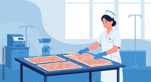 Illustration depicting a pathologist reviewing tissue samples for medical analysis in a laboratory