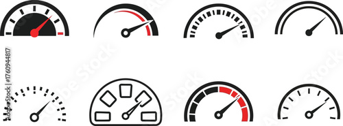 Set of Eight Different Speedometer Icons on White Background, Dashboard Meter