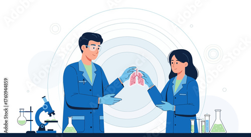 Illustration depicting scientists in a lab environment researching lung health and respiratory