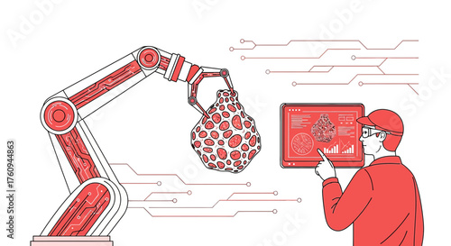 Illustration depicting robotic arm holding organic shape with scientist analyzing data