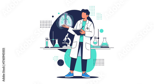 Illustration of a doctor analyzing lungs in a laboratory setting with scientific equipment