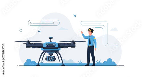 Illustration of a Drone with a Camera and a Police Officer in a Flat Style Design