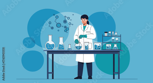 Illustration of a female scientist conducting experiment in a laboratory with lab equipment and