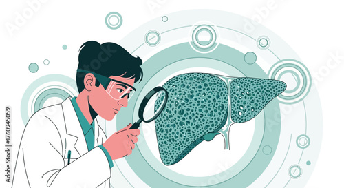 Illustration of a doctor examining a liver with a magnifying glass for research and diagnosis of