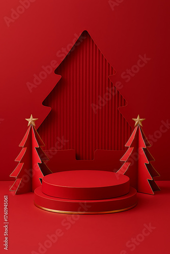 Minimalist Christmas Scene with Trees Product Display Stand on Red Background Festive Season