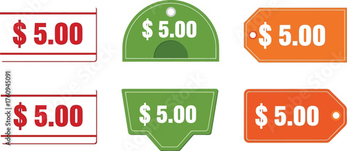 Set of Price Tags Showing $5.00, Red and Orange Flat Isolated on White Background