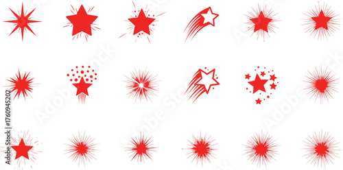 Set of Red Star Icons with Burst Effects on White Background Design Elements