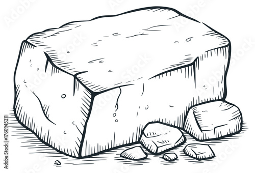 Hand-drawn illustration of a large rock with smaller stones at its base