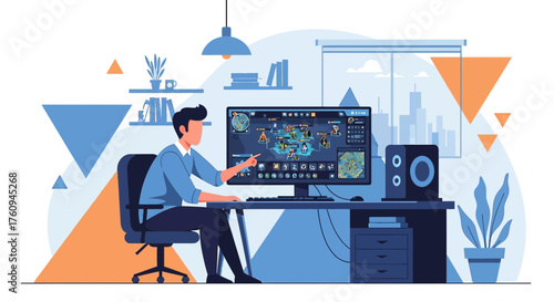 Illustration of a man playing online game on computer at home enjoying leisure time