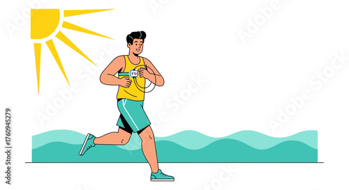 Illustration of a man running by the ocean with a personal ECG monitor for health and fitness