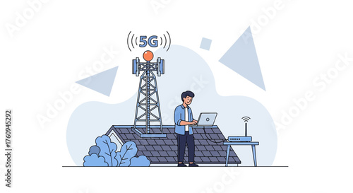 Illustration of a man using a laptop with a 5G tower and router symbolizing fast internet access