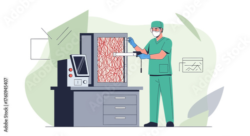 Illustration of a medical professional examining a blood vessel model with specialized equipment