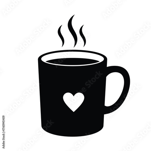 Black coffee mug with white heart and steam vector