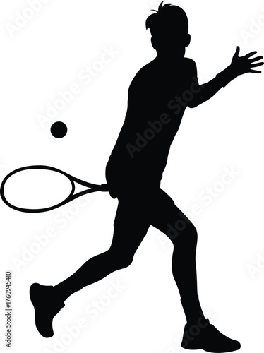 Dynamic silhouette of a tennis player in action hitting a forehand shot with a ball and racquet