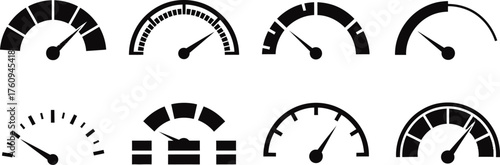 Set of Speedometer Icons Showing Different Gauge Readings on a White Background