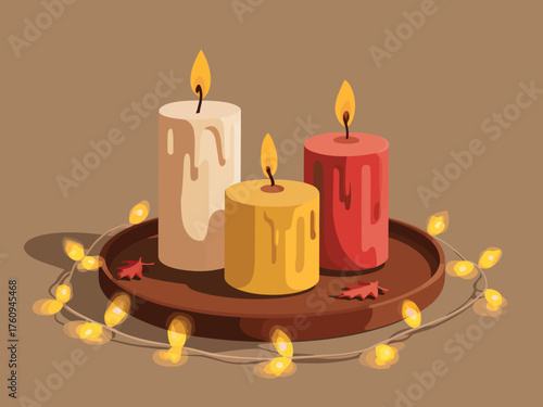 Vector illustration of three lit candles on a tray surrounded by autumn leaves and string lights