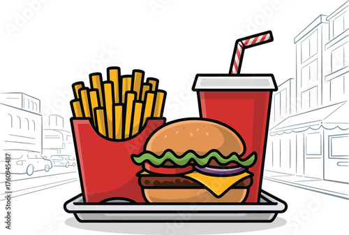 Vector illustration of a delicious cartoon burger, french fries, and soda drink on a tray, set against a stylized urban background