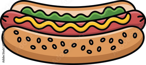 A vector illustration of a delicious cartoon hot dog, featuring a sausage in a sesame seed bun with mustard and relish toppings